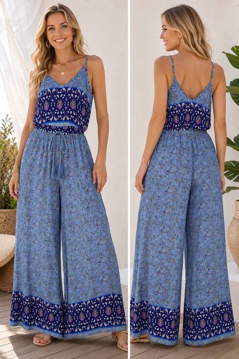 Jaase Pants - Jaase Jumpsuit Size M Wide Leg Blue Paisley Adjustable Straps Bohemian Festival